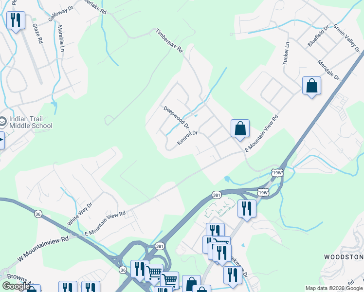 map of restaurants, bars, coffee shops, grocery stores, and more near 3707 Kimrod Drive in Johnson City