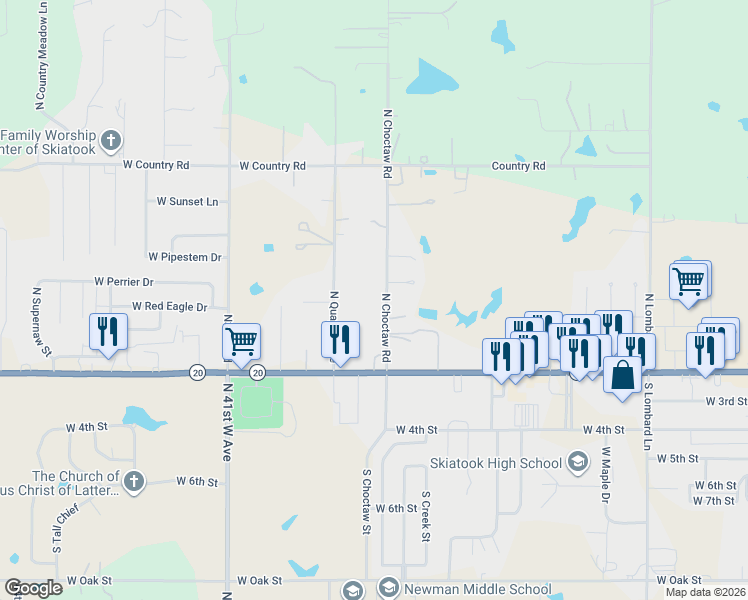map of restaurants, bars, coffee shops, grocery stores, and more near 123 North Choctaw Road in Skiatook