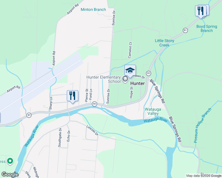 map of restaurants, bars, coffee shops, grocery stores, and more near 122 Sunrise Drive in Elizabethton