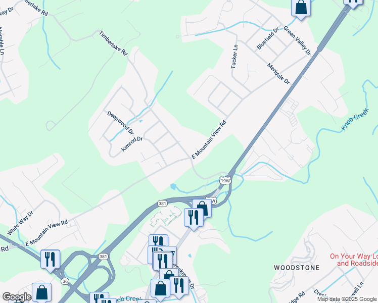 map of restaurants, bars, coffee shops, grocery stores, and more near 3500 Timberlake Road in Johnson City