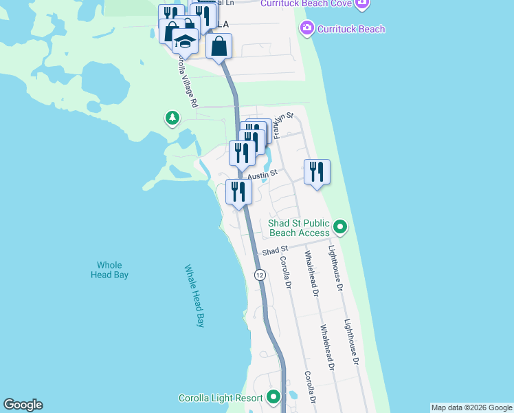 map of restaurants, bars, coffee shops, grocery stores, and more near 211-213 Corolla Boulevard in Corolla