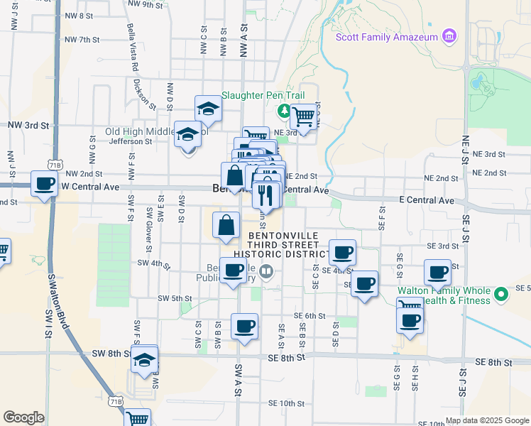 map of restaurants, bars, coffee shops, grocery stores, and more near 220 South Main Street in Bentonville