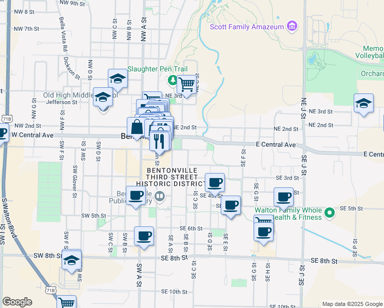 map of restaurants, bars, coffee shops, grocery stores, and more near 302 Southeast 2nd Street in Bentonville