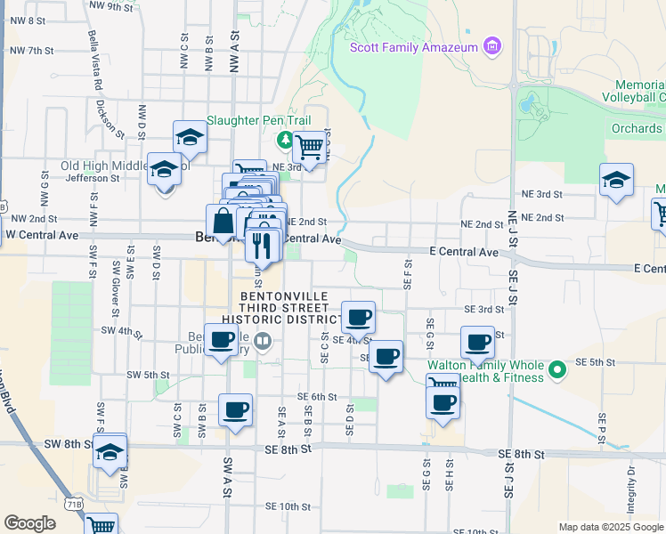 map of restaurants, bars, coffee shops, grocery stores, and more near 207 Southeast B Street in Bentonville