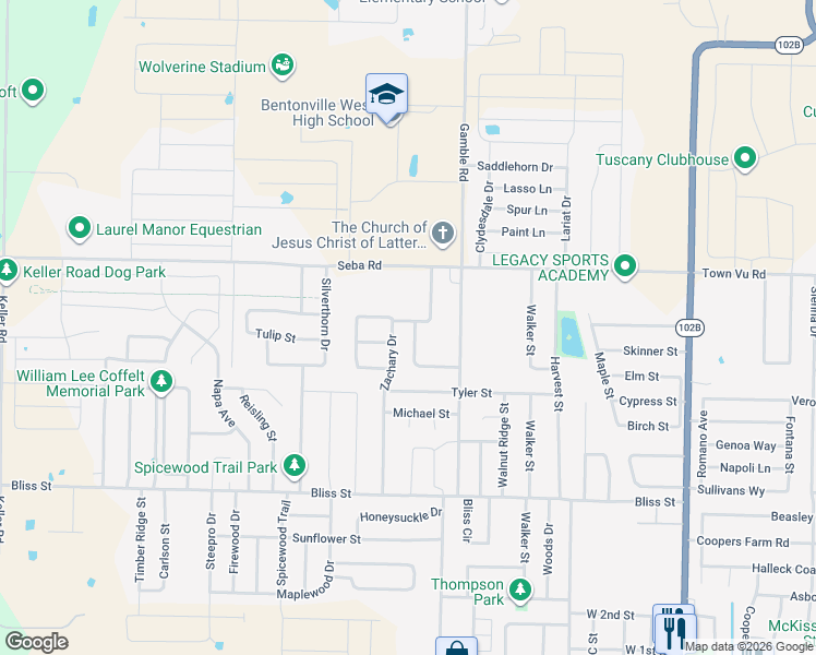 map of restaurants, bars, coffee shops, grocery stores, and more near 910 Zachary Drive in Centerton