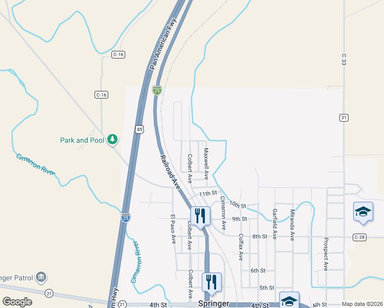 map of restaurants, bars, coffee shops, grocery stores, and more near Maxwell Avenue in Springer