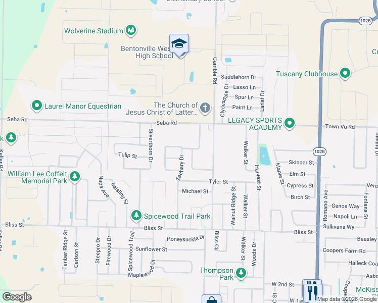 map of restaurants, bars, coffee shops, grocery stores, and more near 910 Zachary Drive in Centerton