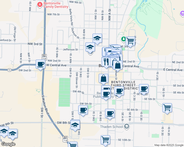 map of restaurants, bars, coffee shops, grocery stores, and more near 407 West Central Avenue in Bentonville