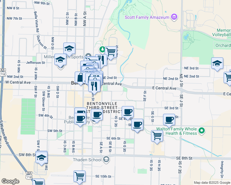 map of restaurants, bars, coffee shops, grocery stores, and more near 302 Southeast 2nd Street in Bentonville