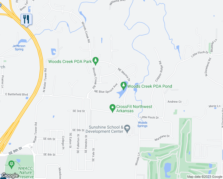 map of restaurants, bars, coffee shops, grocery stores, and more near Northeast Blue Spruce Avenue in Bentonville