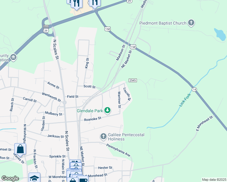 map of restaurants, bars, coffee shops, grocery stores, and more near 707 North Willow Street in Reidsville