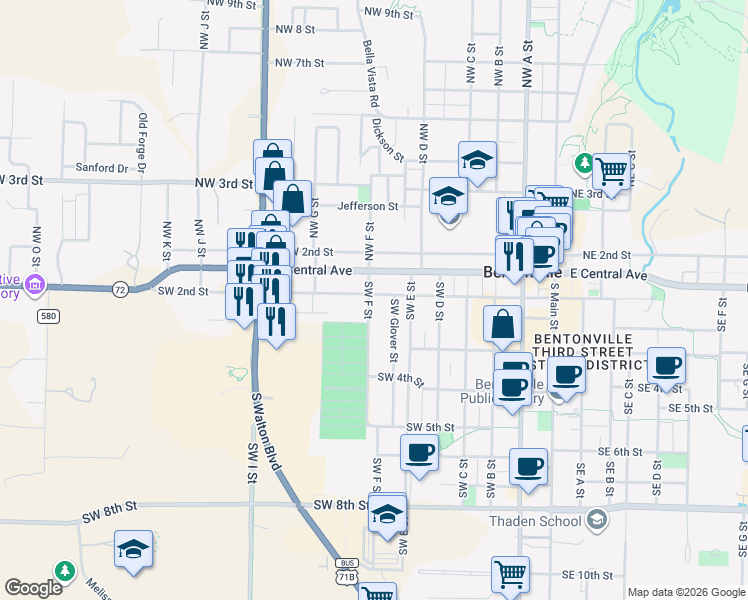 map of restaurants, bars, coffee shops, grocery stores, and more near 101 Southwest F Street in Bentonville