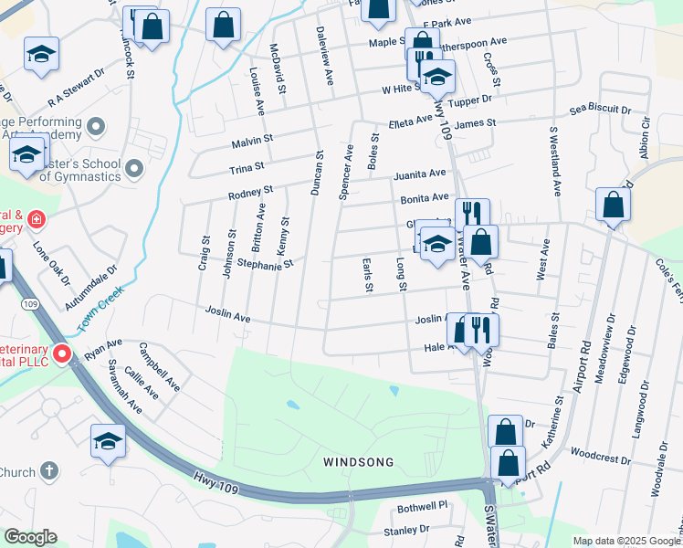 map of restaurants, bars, coffee shops, grocery stores, and more near 225 Bush Avenue in Gallatin