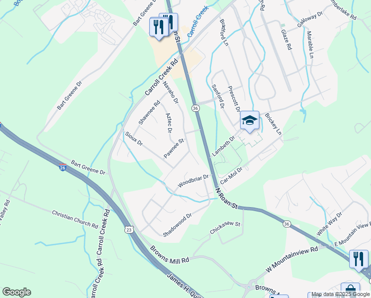 map of restaurants, bars, coffee shops, grocery stores, and more near 109 Apache Drive in Johnson City