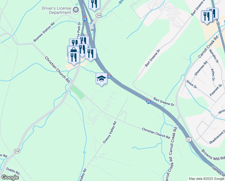 map of restaurants, bars, coffee shops, grocery stores, and more near 348 Christian Church Road in Gray