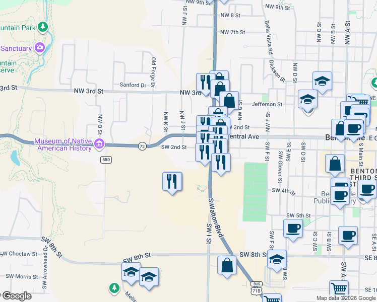 map of restaurants, bars, coffee shops, grocery stores, and more near 1003 Southwest 2nd Street in Bentonville