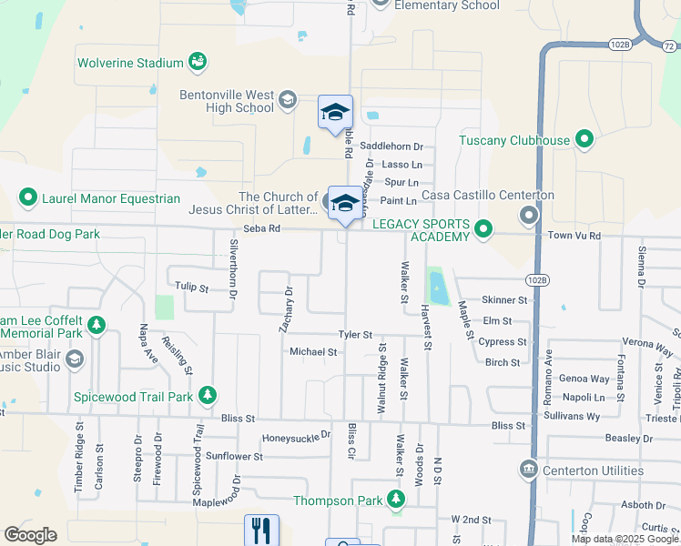 map of restaurants, bars, coffee shops, grocery stores, and more near 1011 Gamble Road in Centerton