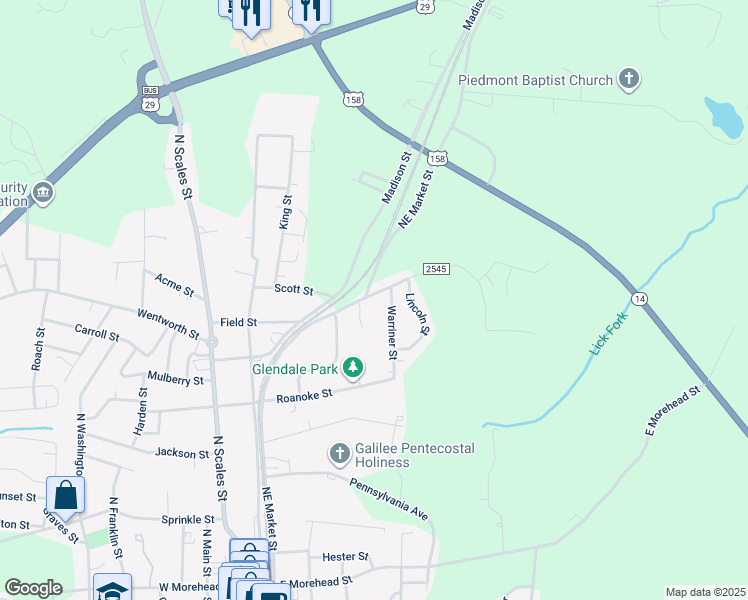 map of restaurants, bars, coffee shops, grocery stores, and more near 707 North Willow Street in Reidsville