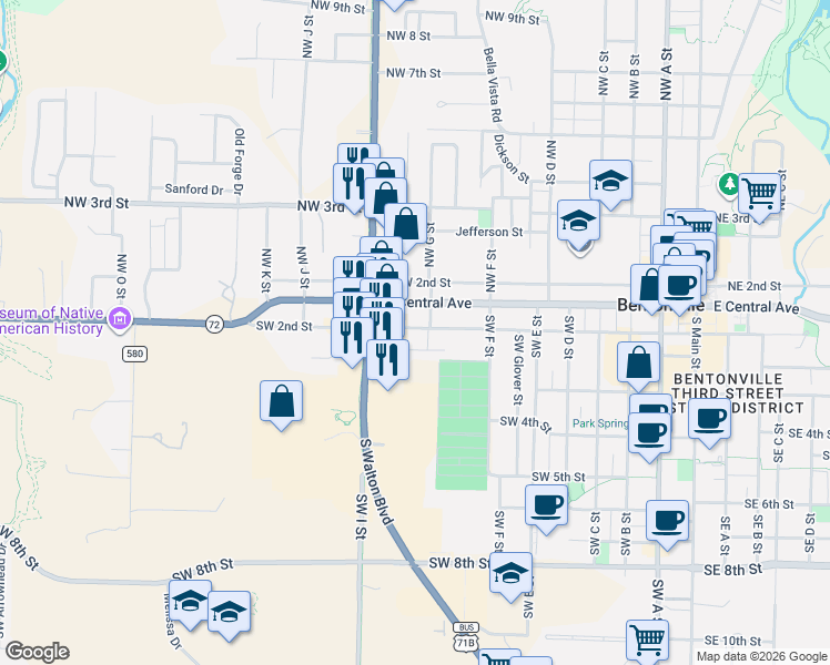 map of restaurants, bars, coffee shops, grocery stores, and more near 803 West Central Avenue in Bentonville