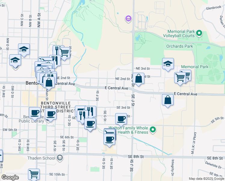 map of restaurants, bars, coffee shops, grocery stores, and more near 102 Northeast G Street in Bentonville