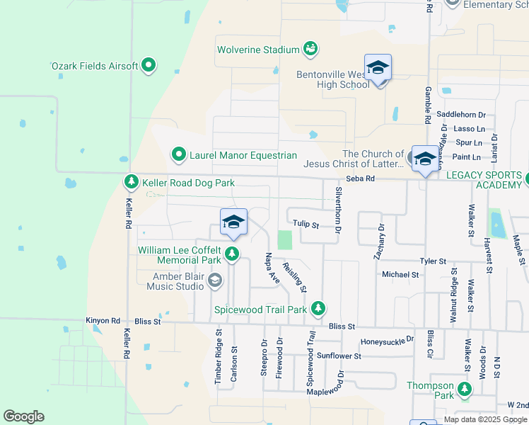 map of restaurants, bars, coffee shops, grocery stores, and more near 1340 Forest Drive in Centerton
