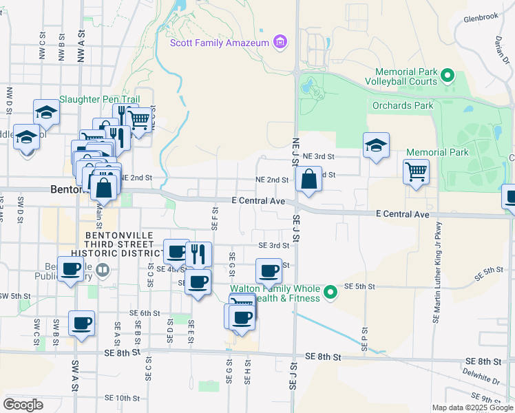 map of restaurants, bars, coffee shops, grocery stores, and more near 902 East Central Avenue in Bentonville