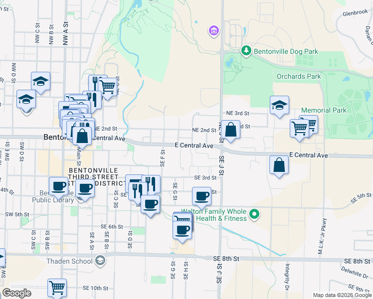 map of restaurants, bars, coffee shops, grocery stores, and more near 102 Northeast G Street in Bentonville