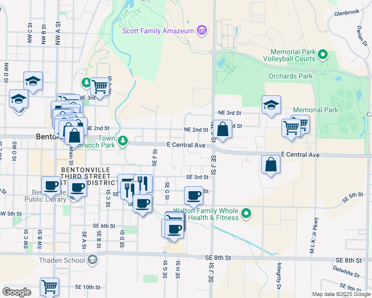 map of restaurants, bars, coffee shops, grocery stores, and more near 902 East Central Avenue in Bentonville