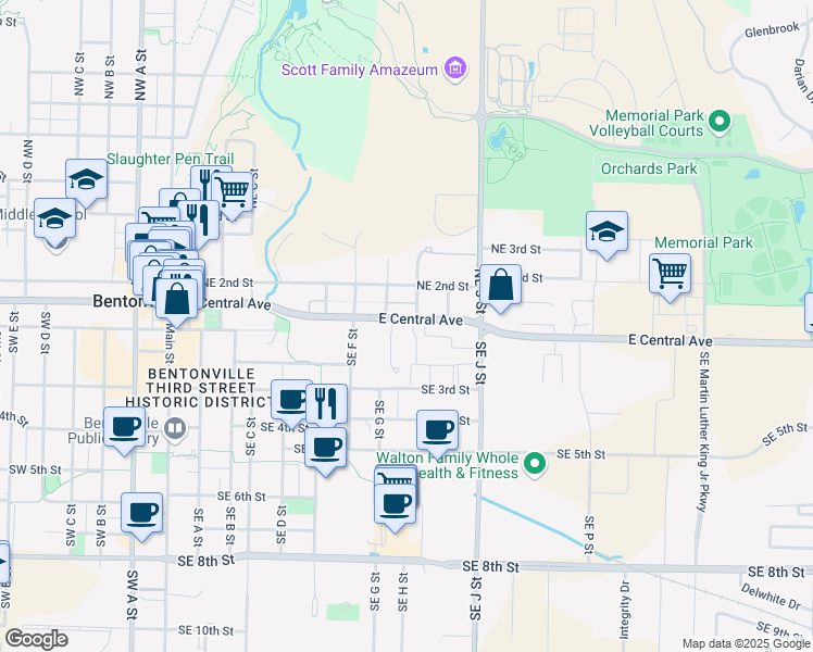 map of restaurants, bars, coffee shops, grocery stores, and more near 810 East Central Avenue in Bentonville