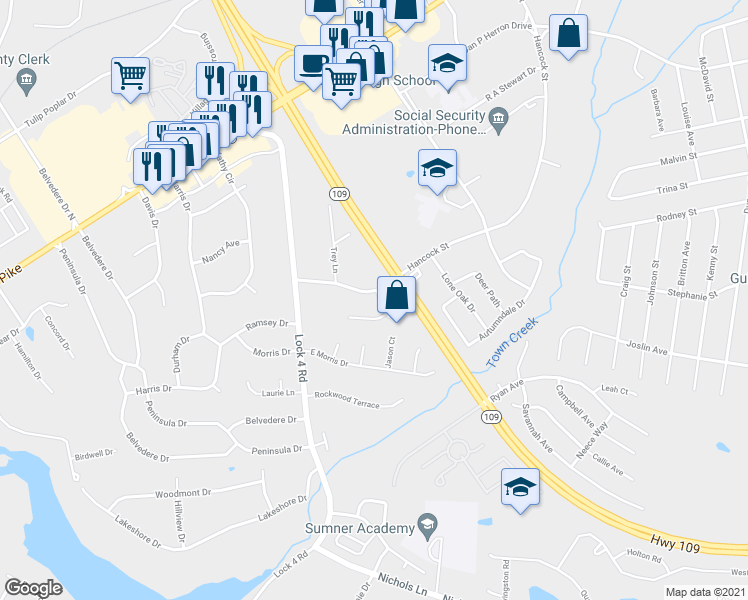 map of restaurants, bars, coffee shops, grocery stores, and more near 405 Hancock Street in Gallatin