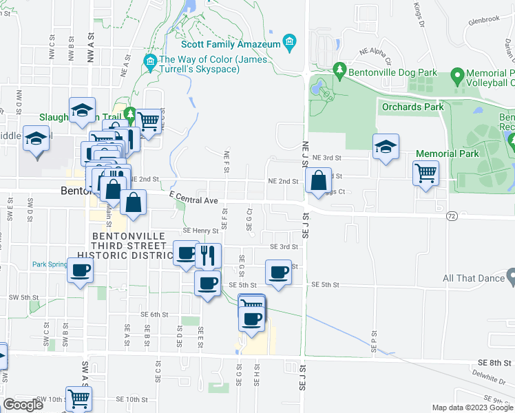 map of restaurants, bars, coffee shops, grocery stores, and more near 808 East Central Avenue in Bentonville