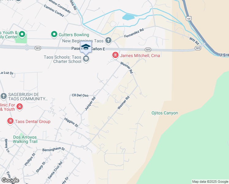 map of restaurants, bars, coffee shops, grocery stores, and more near Hennings Street in Taos