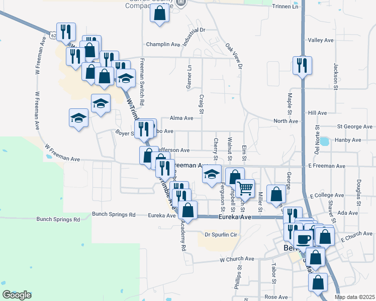 map of restaurants, bars, coffee shops, grocery stores, and more near 1002 Jefferson Avenue in Berryville