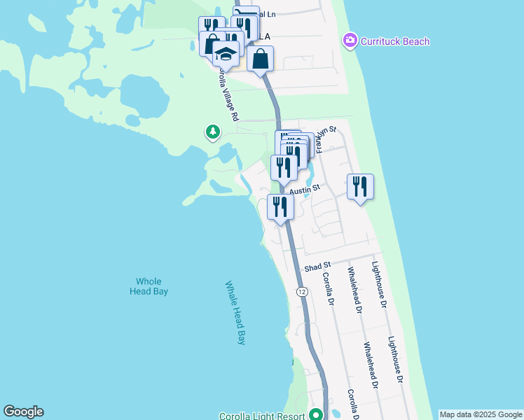 map of restaurants, bars, coffee shops, grocery stores, and more near 1131 Austin Street in Corolla