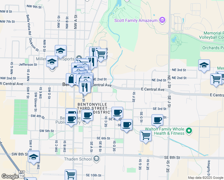 map of restaurants, bars, coffee shops, grocery stores, and more near 411 East Central Avenue in Bentonville