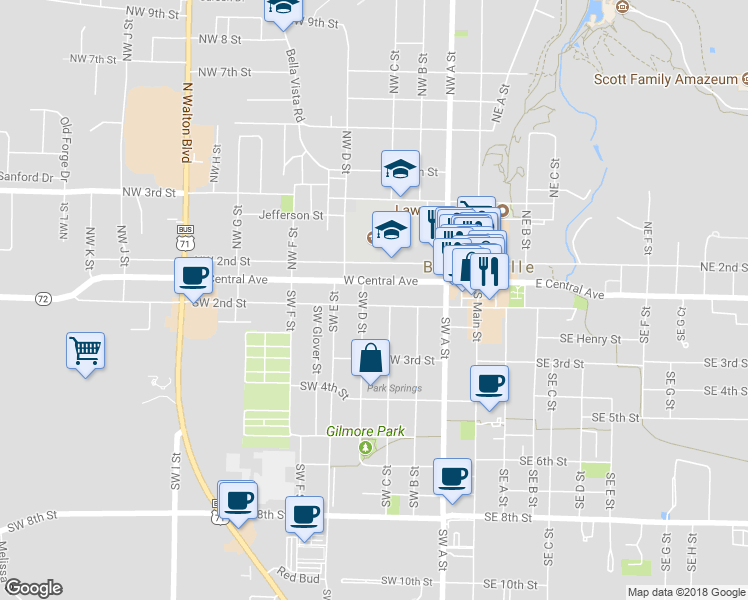 map of restaurants, bars, coffee shops, grocery stores, and more near 404 Southwest 2nd Street in Bentonville