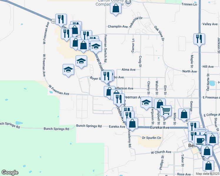 map of restaurants, bars, coffee shops, grocery stores, and more near 700 West Trimble Avenue in Berryville