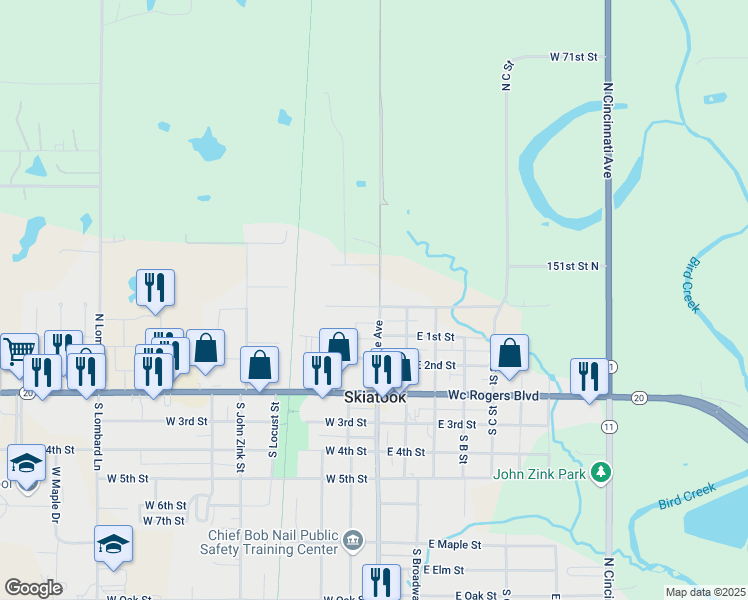 map of restaurants, bars, coffee shops, grocery stores, and more near 101 West Cherokee Avenue in Skiatook