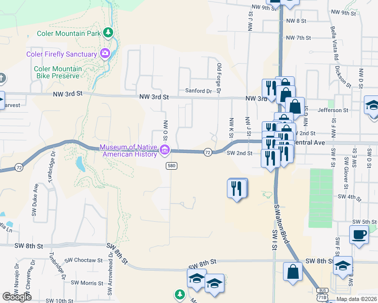 map of restaurants, bars, coffee shops, grocery stores, and more near 1604 Southwest 2nd Street in Bentonville