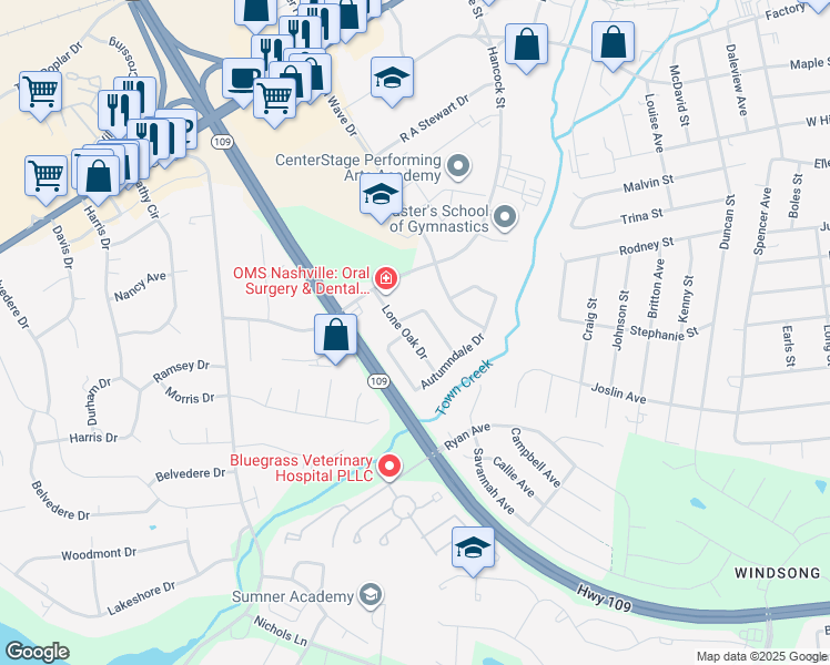 map of restaurants, bars, coffee shops, grocery stores, and more near 893 Lone Oak Drive in Gallatin
