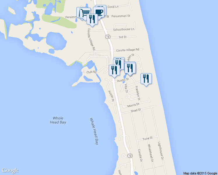 map of restaurants, bars, coffee shops, grocery stores, and more near 1131 Austin Street in Corolla