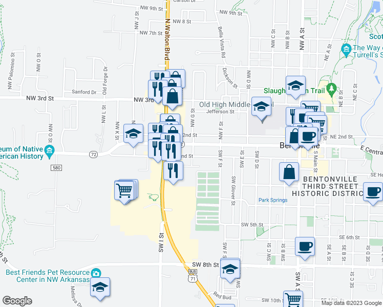 map of restaurants, bars, coffee shops, grocery stores, and more near 802 Southwest 2nd Street in Bentonville