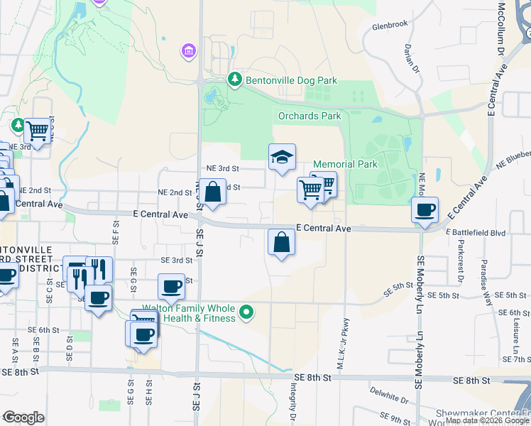 map of restaurants, bars, coffee shops, grocery stores, and more near 6 Northeast Wildcat Way in Bentonville