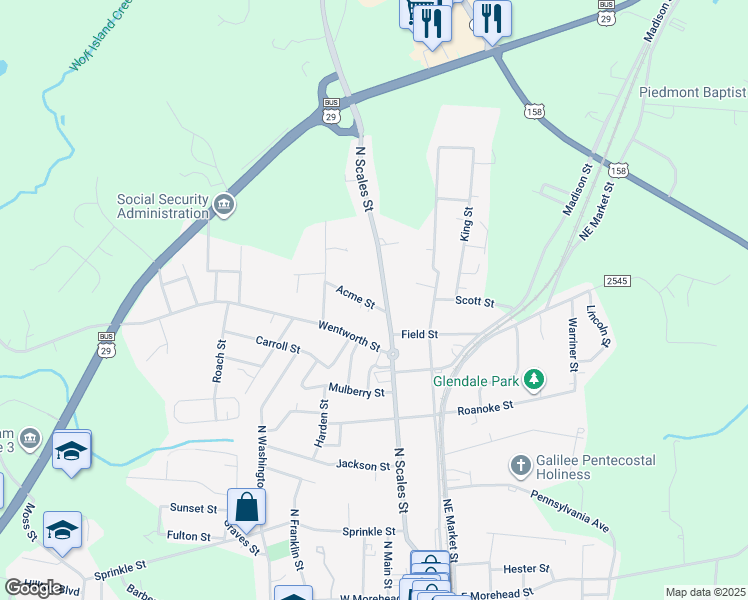 map of restaurants, bars, coffee shops, grocery stores, and more near 302 Acme Street in Reidsville