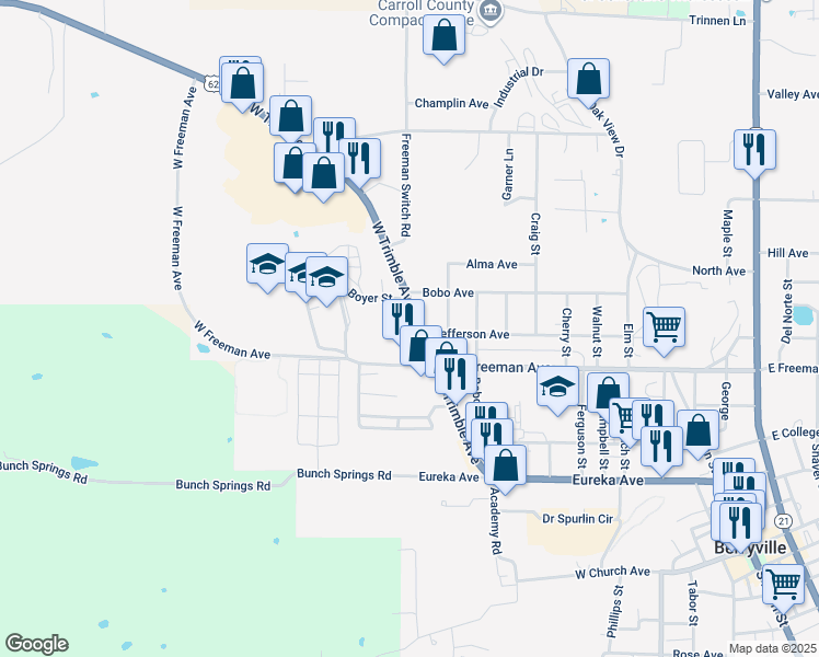 map of restaurants, bars, coffee shops, grocery stores, and more near 700-798 West Trimble Avenue in Berryville
