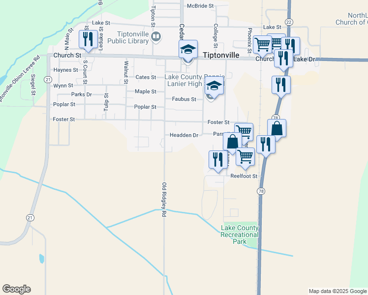map of restaurants, bars, coffee shops, grocery stores, and more near 524 Cherry Street in Tiptonville
