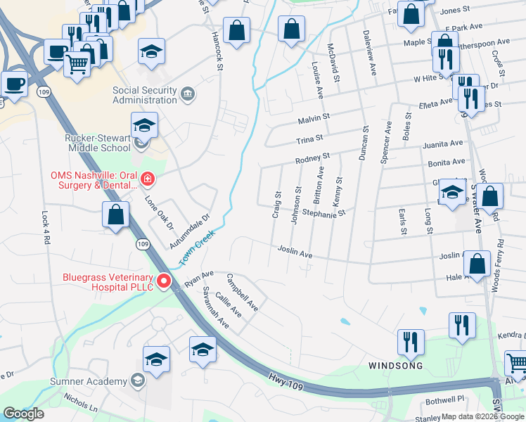 map of restaurants, bars, coffee shops, grocery stores, and more near 853 Stephanie Street in Gallatin