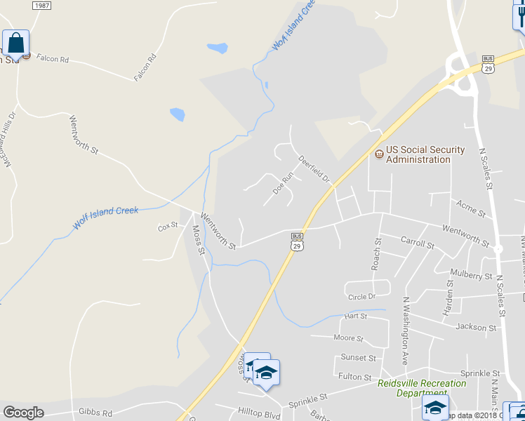 map of restaurants, bars, coffee shops, grocery stores, and more near 2205 Doe Run in Reidsville