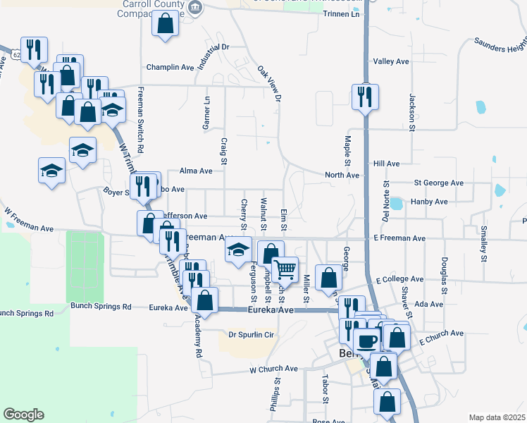 map of restaurants, bars, coffee shops, grocery stores, and more near Walnut Street in Berryville