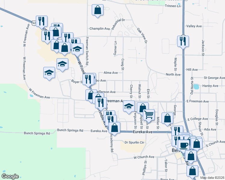 map of restaurants, bars, coffee shops, grocery stores, and more near 1002 Jefferson Avenue in Berryville